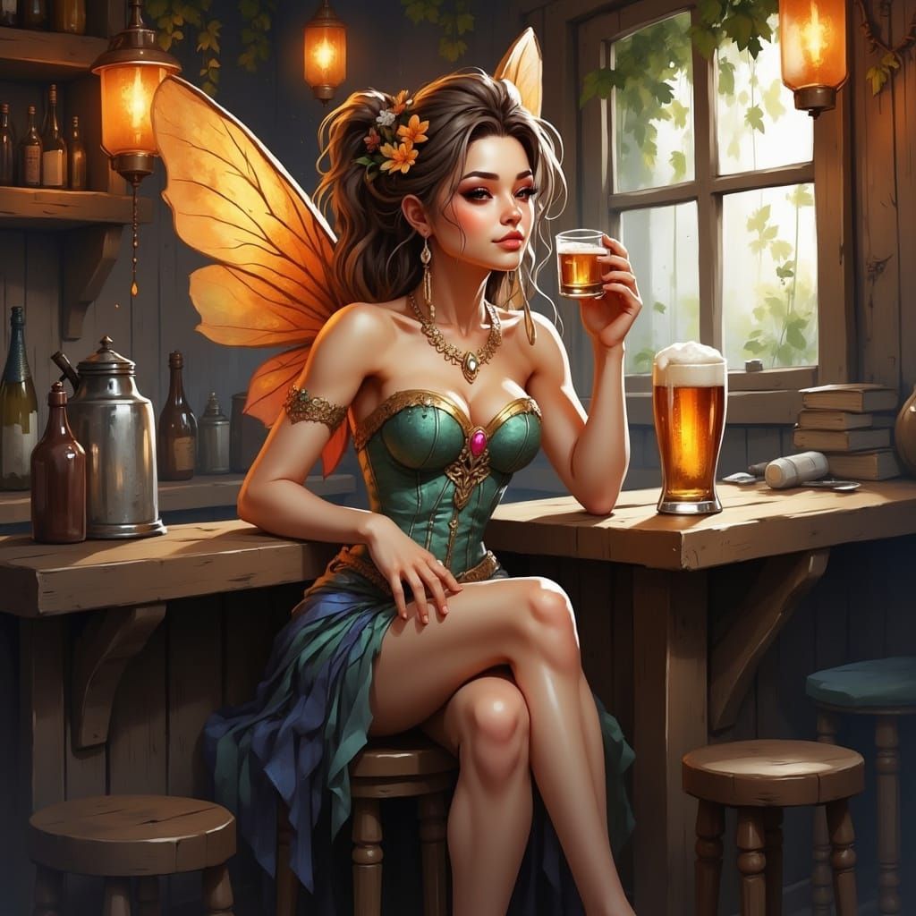 A Glamorous Fairy Sits at a Wood-Fronted Bar