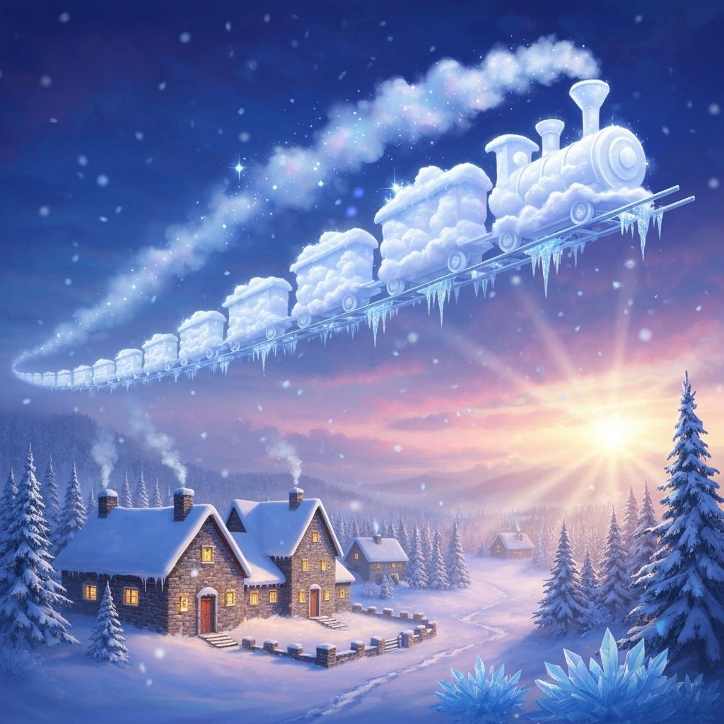 Celestial Cloud Train Over Snowy Village in Twilight