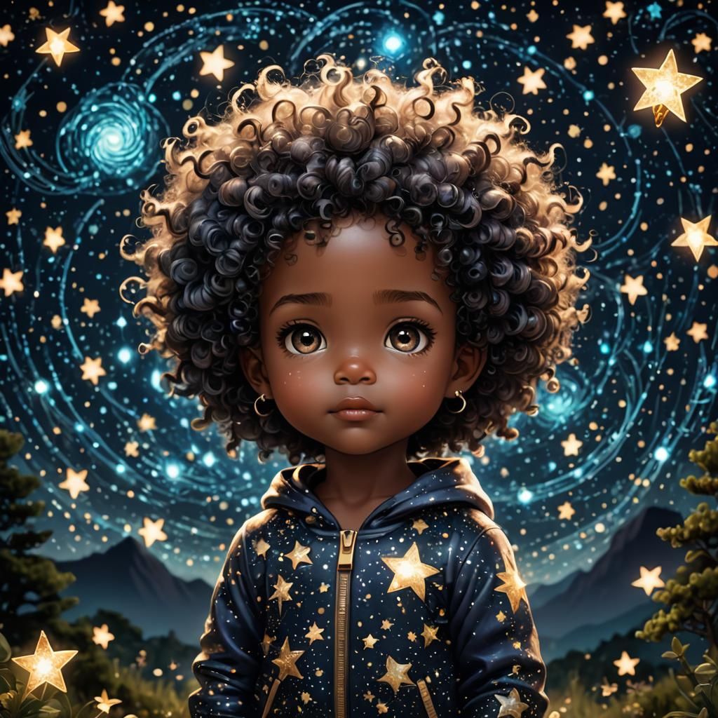 Chibi Toddler with Starry Afro Hair in Starry Galaxy