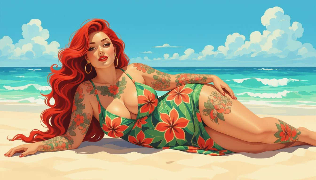Tattooed Woman on Sunny Beach, Art Nouveau Style