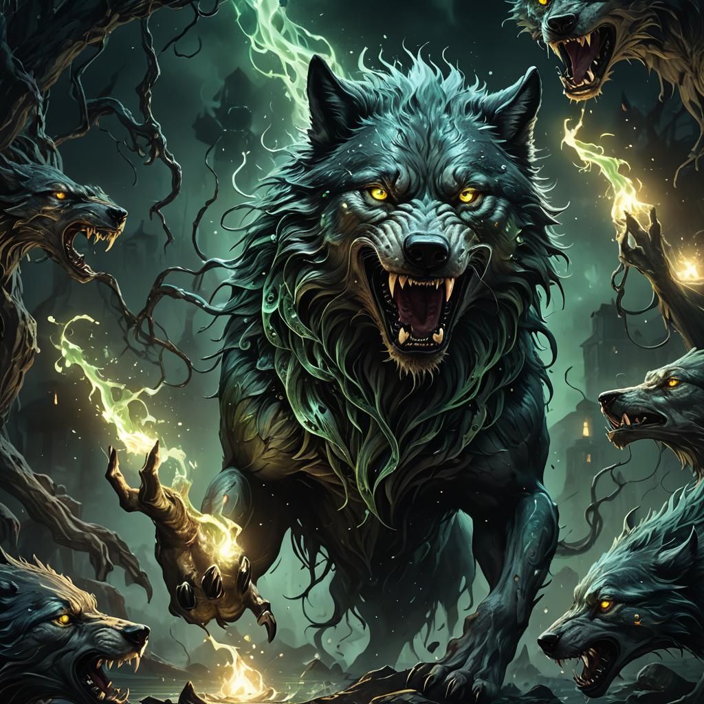 Dark Fantasy Wolf Transformation with Bioluminescent Tendril...