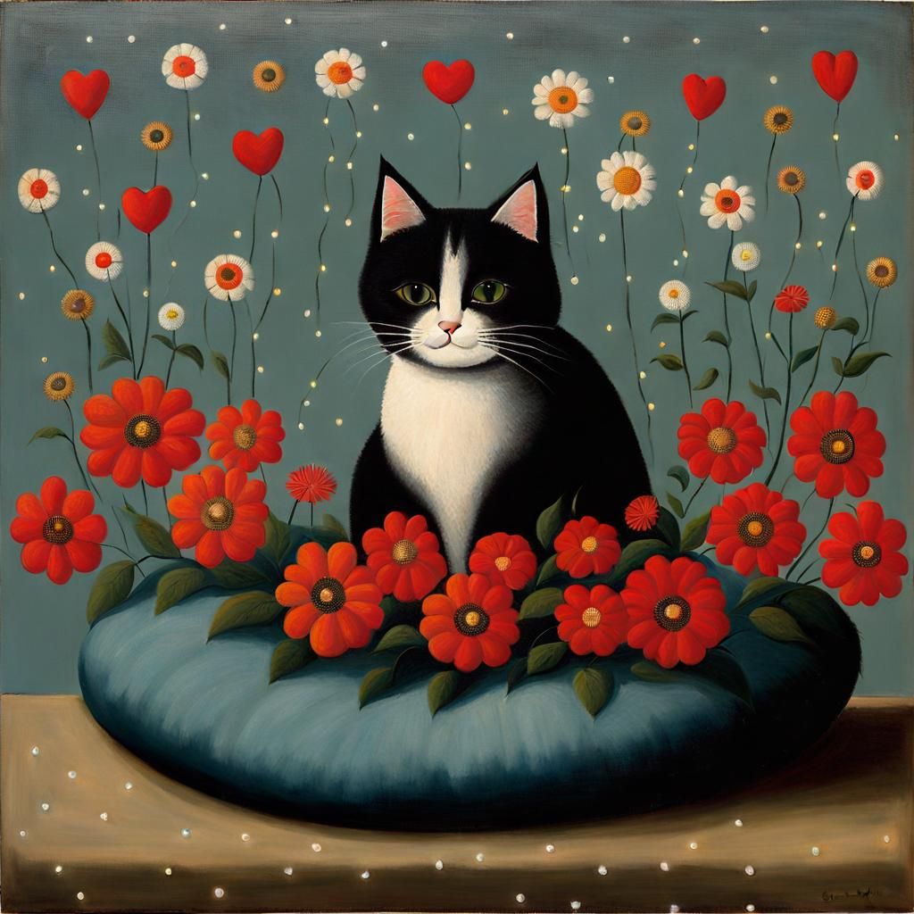 Cute Cat with Flowers in Surrealist Style