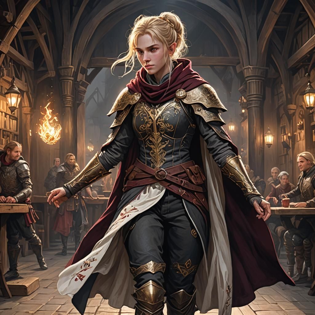 Half-Elf Bard on Stage in Art Nouveau Style