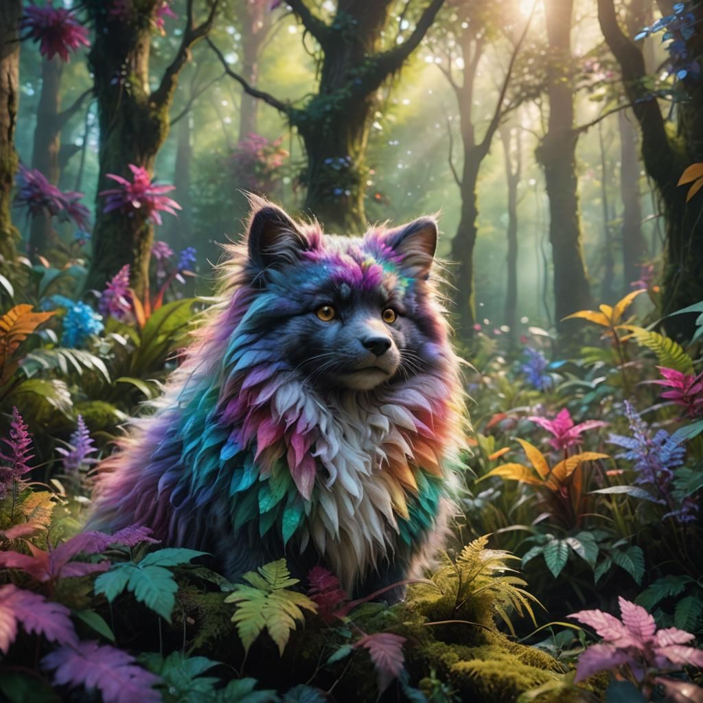 Fuzzy Creature in Iridescent Forest: Fantasy Concept Art