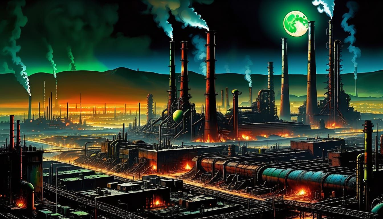 Cyberpunk Cityscape Under Gritty Industrial Moonlight