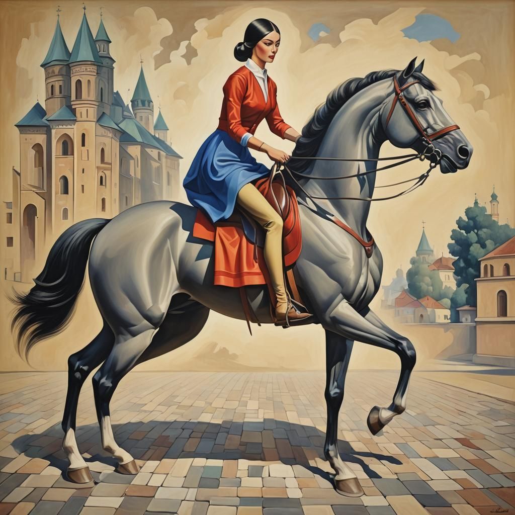 Woman Riding Four-Legged Horse in Figurative Style