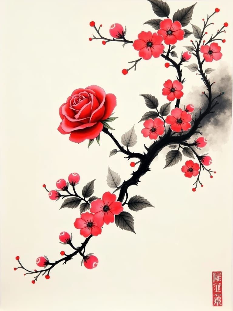 Rose and Cherry Blossoms in Japanese Ink Art