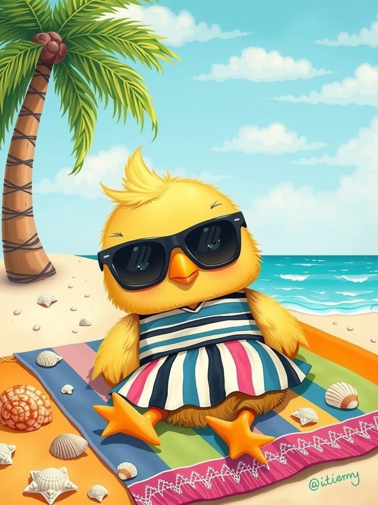 Grumpy Chick Sleeping on Beach in Whimsical Style