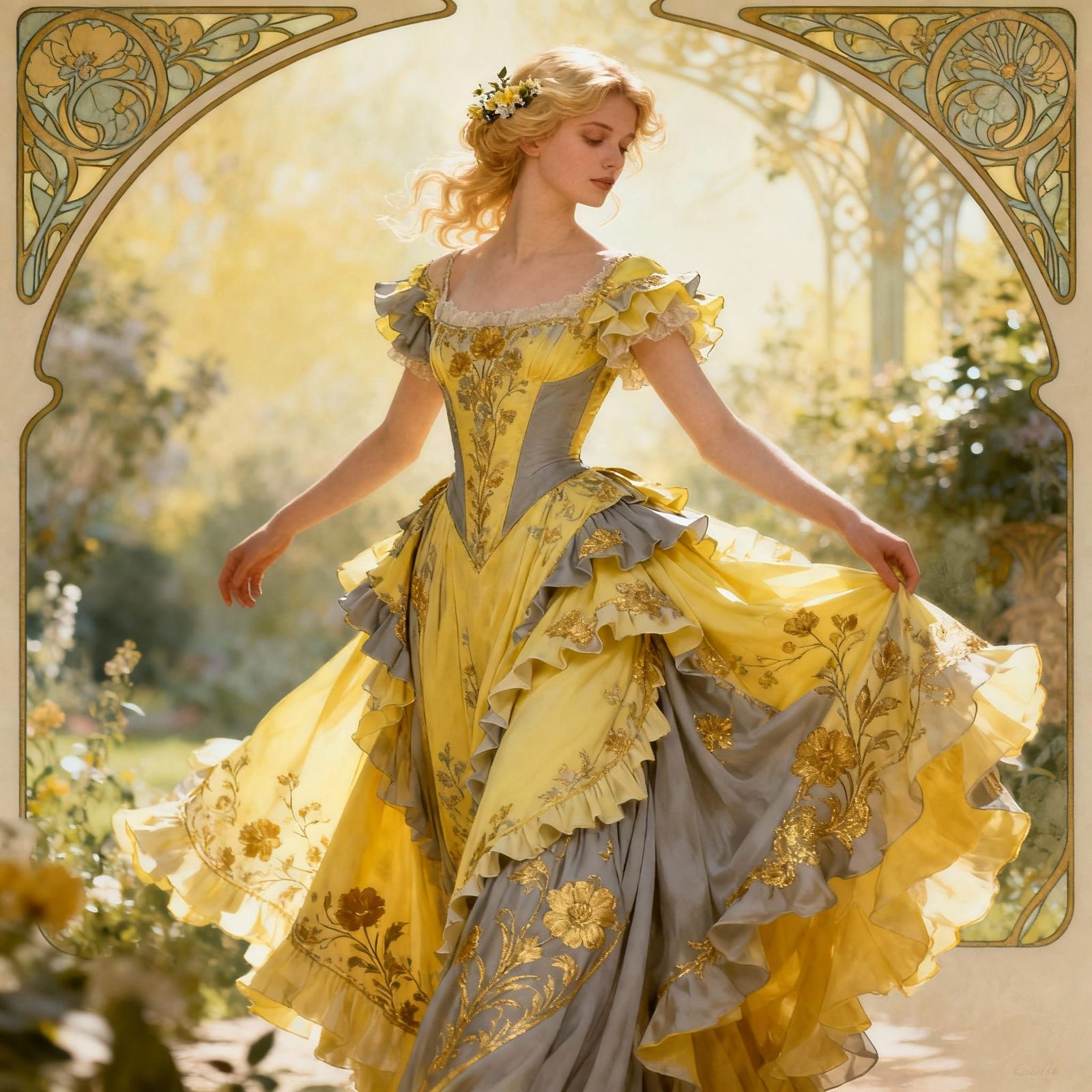 Art Nouveau Belle Epoque Woman in Lemon, Gold, and Grey Gown