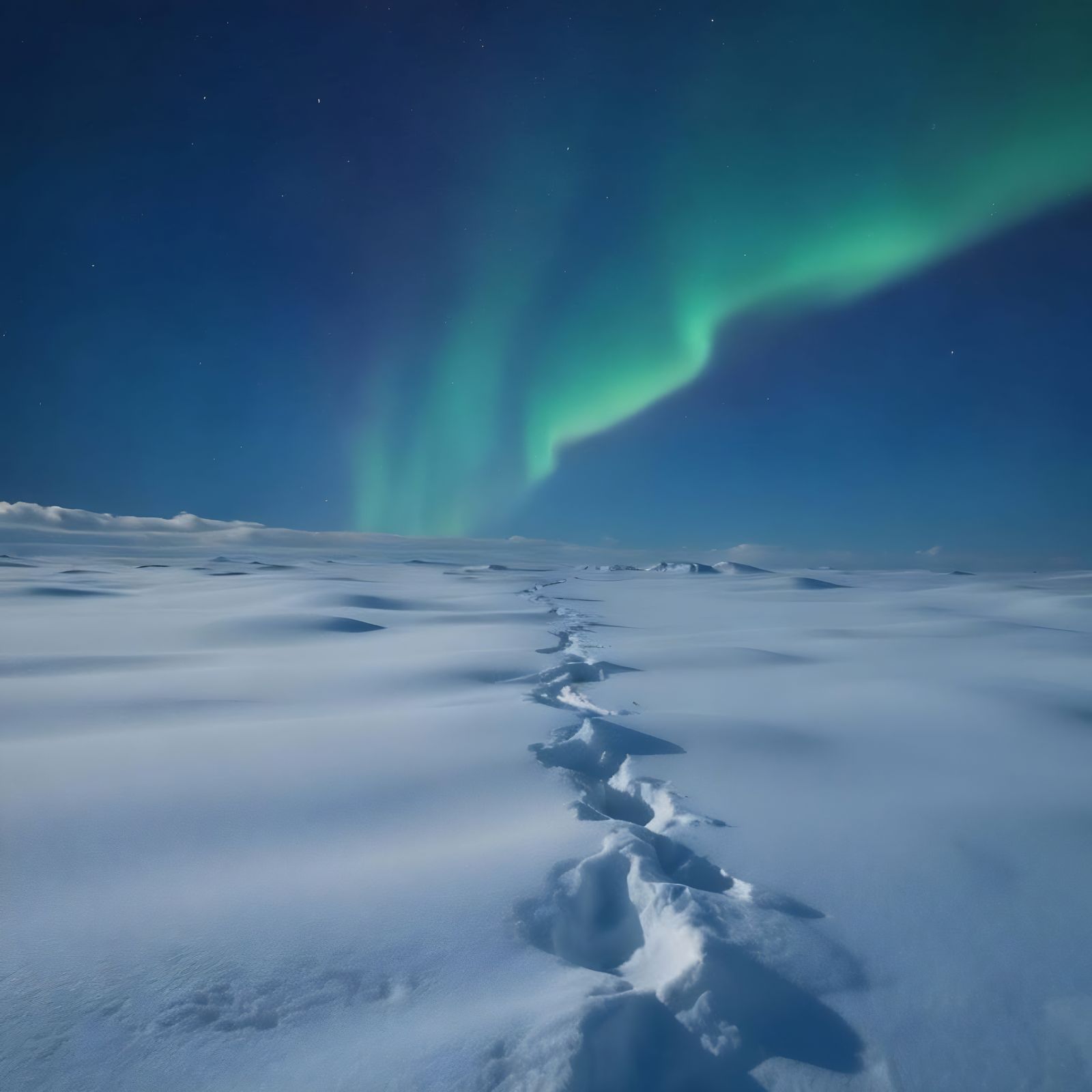 Surreal Footsteps in Smoky Snow Under Blue Sky