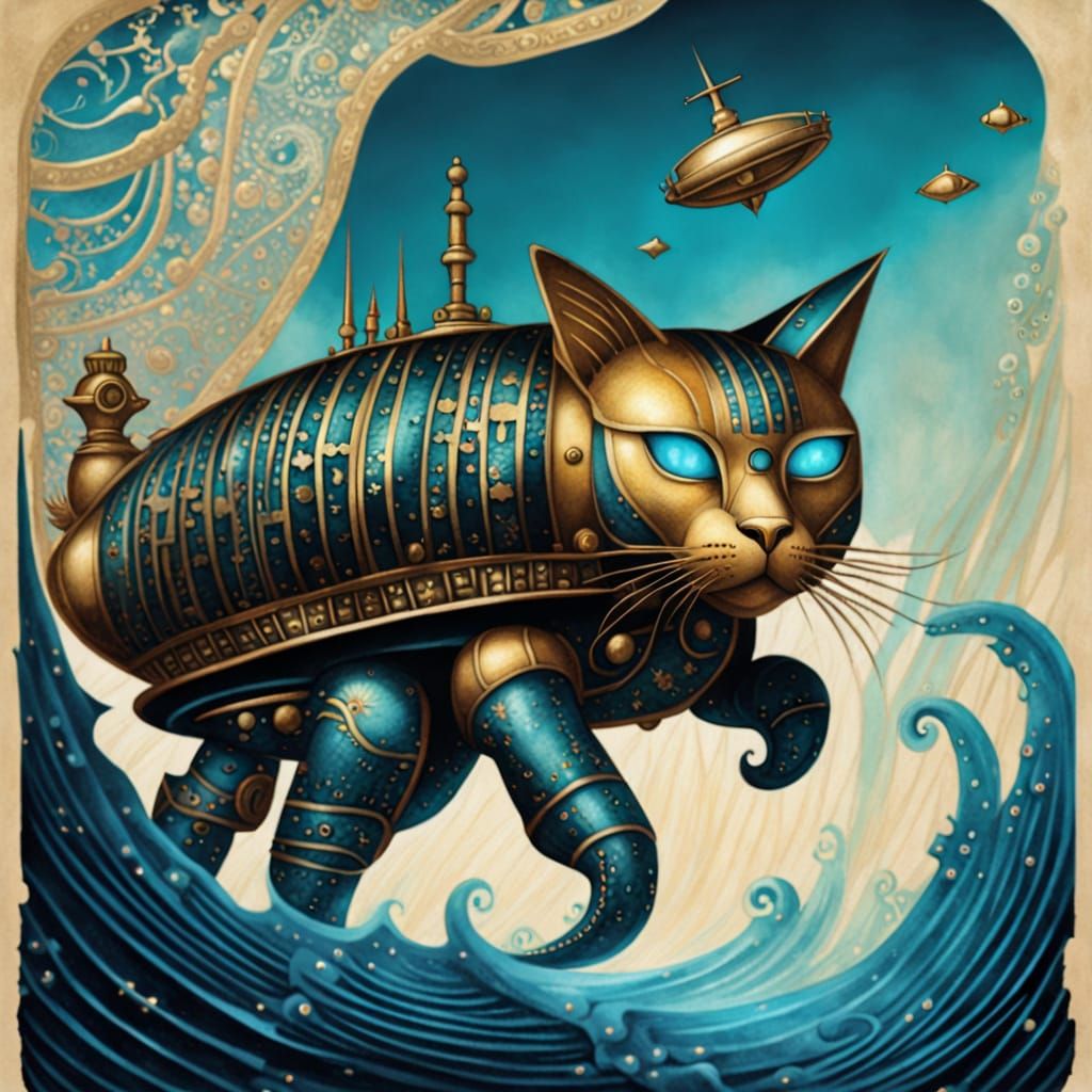 Steampunk Robot Cat Submarine in Golden Age Illustration