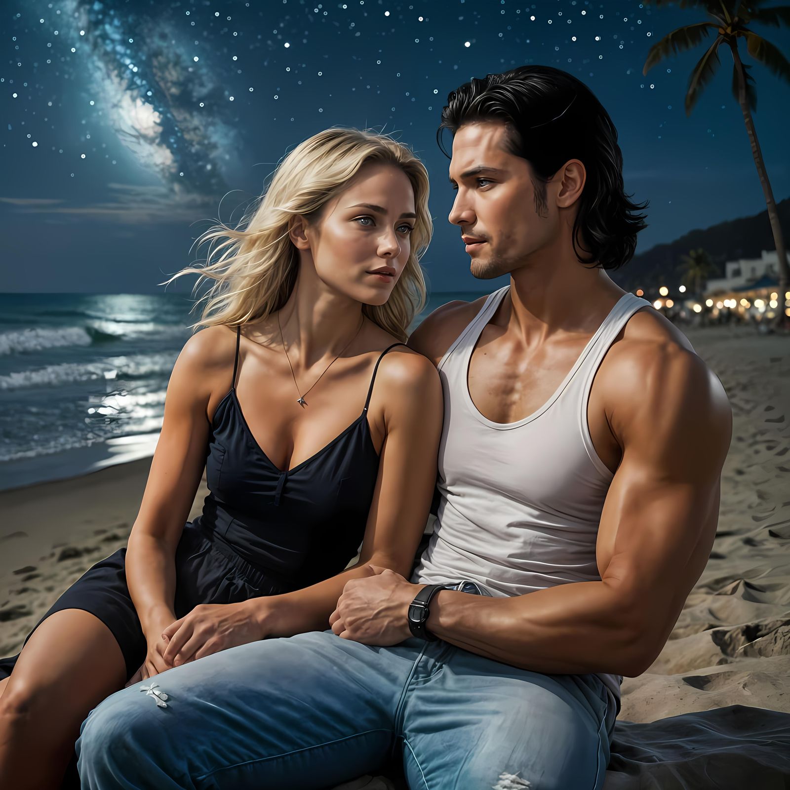 Couple Enjoying Starry Night on Breathtaking Beach