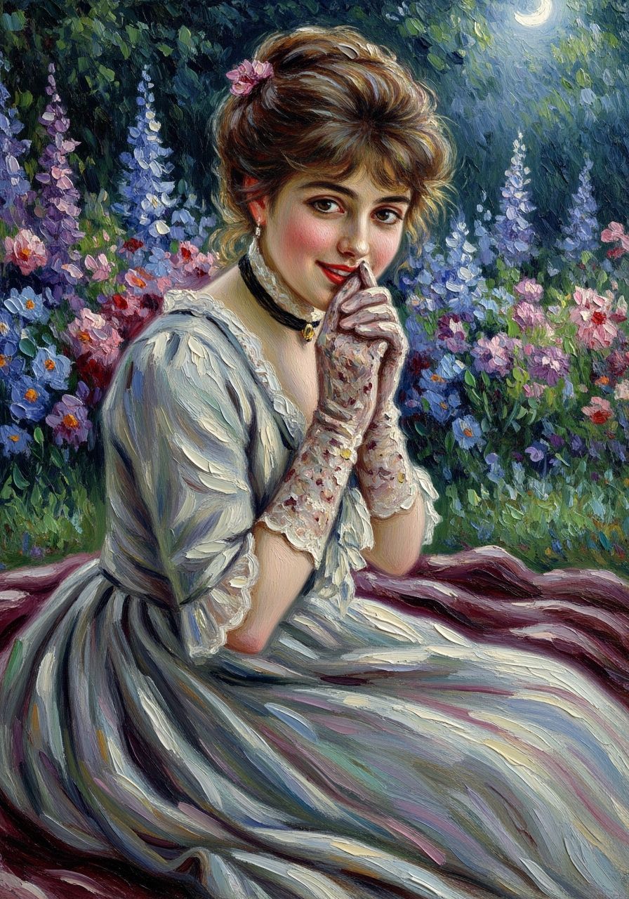 Victorian Woman in Moonlit Garden: Impressionistic Oil Paint...