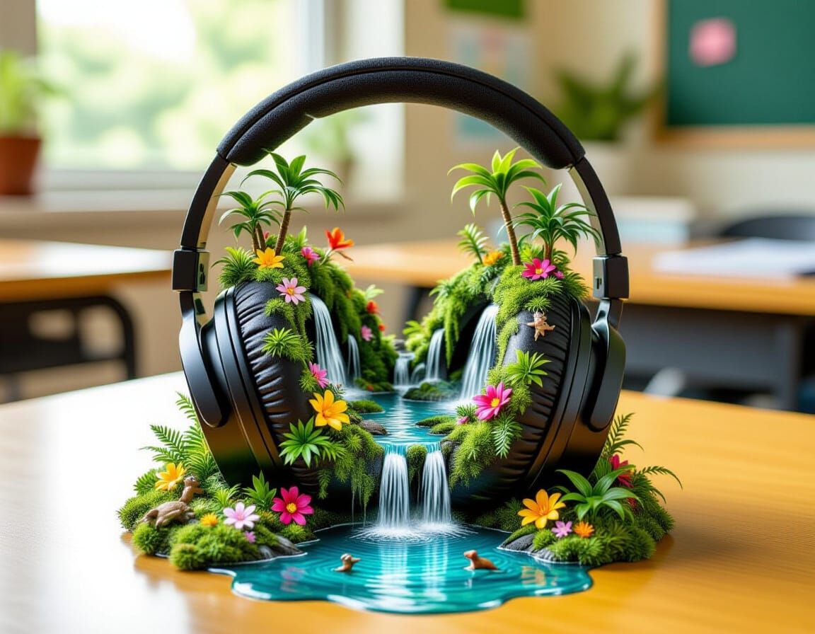 Miniature Jungle on Headphones, in Fantasy Art Style