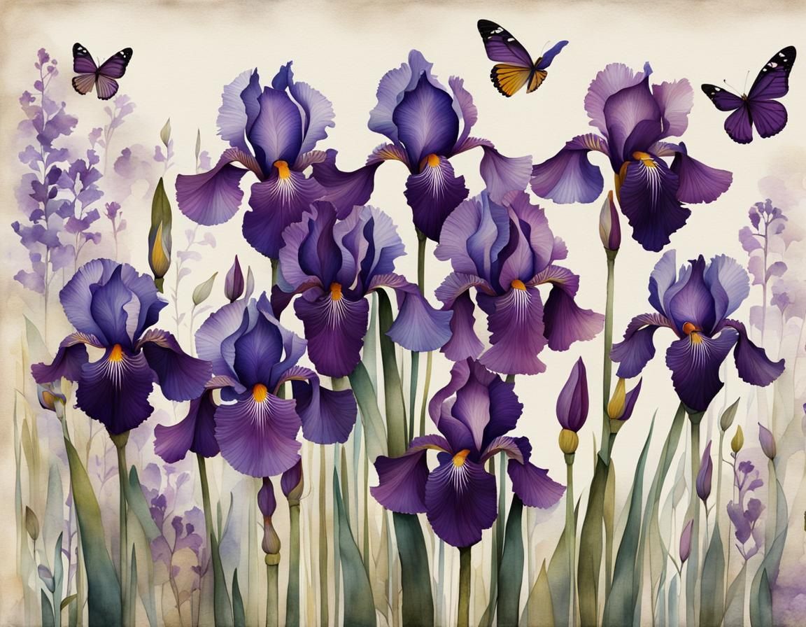 Magical Purple Irises Illustration in Cubist Style
