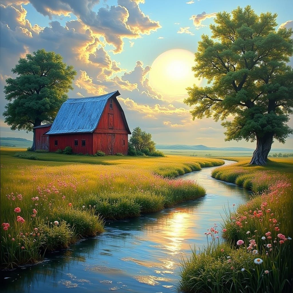 Oil Painting of Farmhouse and Red Barn Under Stormy Skies