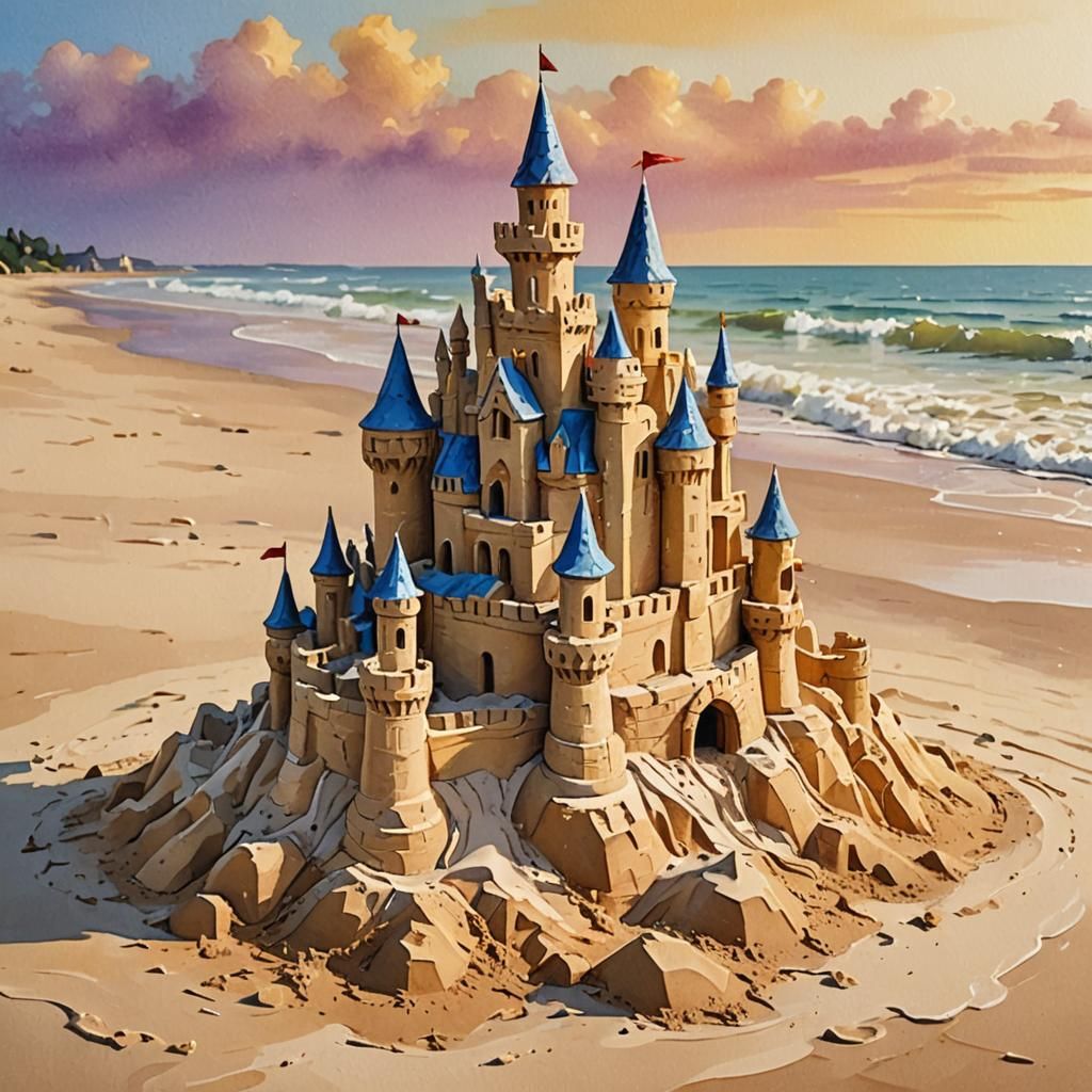 Detailed Sand Castle on Scenic Beach in Impasto Gouache
