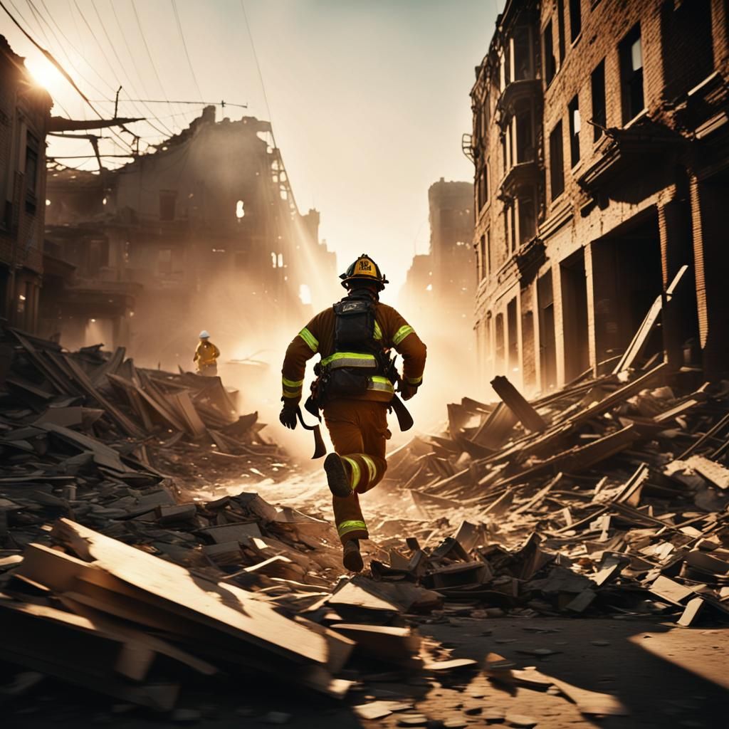 Firefighter Amidst Ruins in Film Noir Style