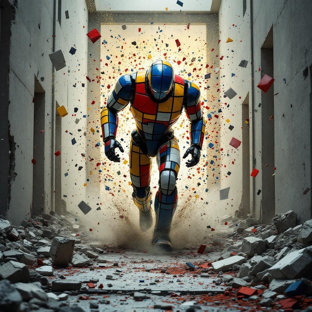 Humanoid Figure Shatters Through Brutalist Architecture