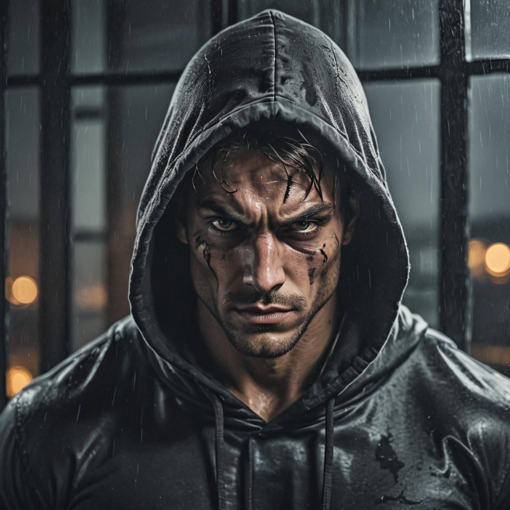 Muscular Man in Hood with Heterochromatic Eyes