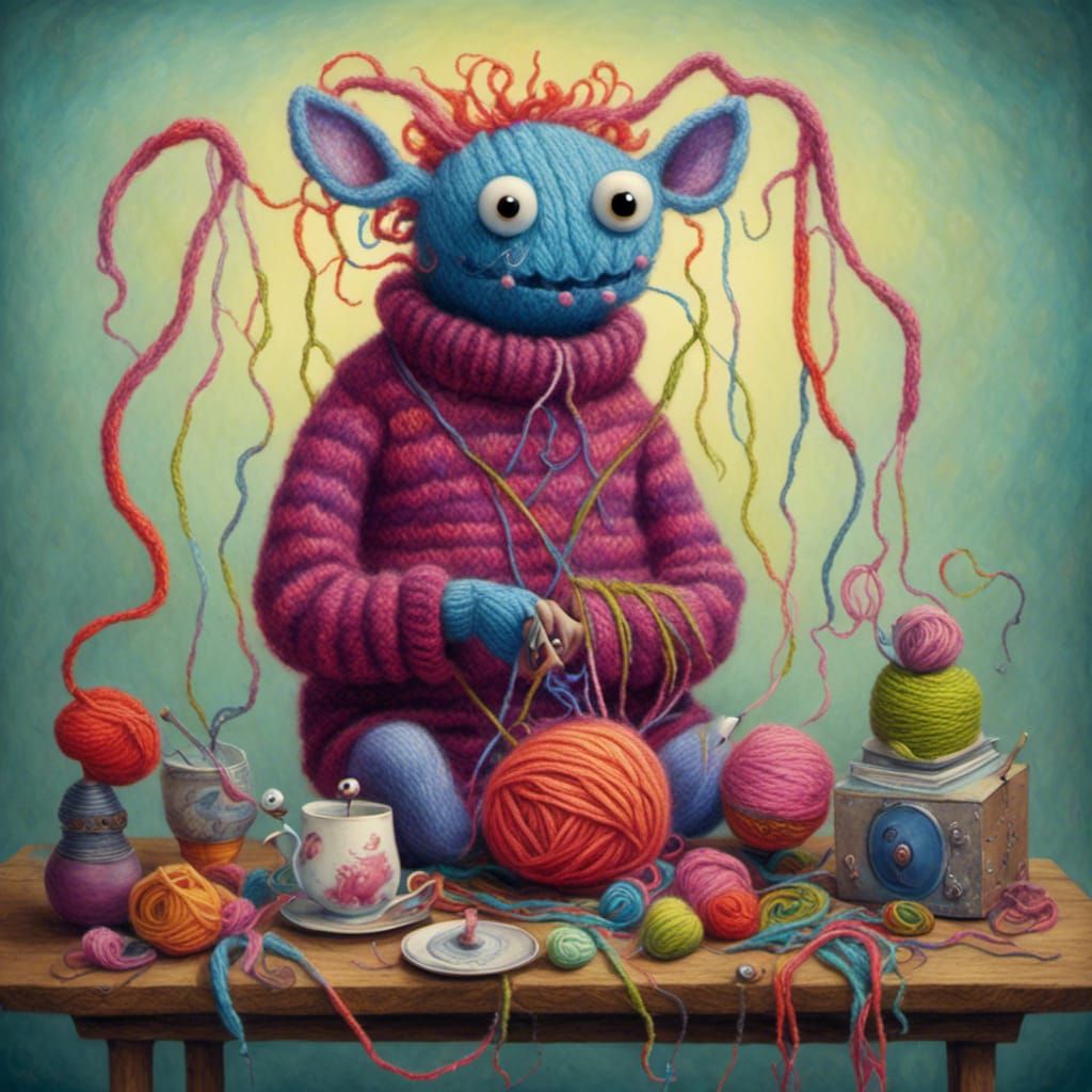 Yarn monster knitting a sweater, <lora:Jansson Style:1.0> , ...