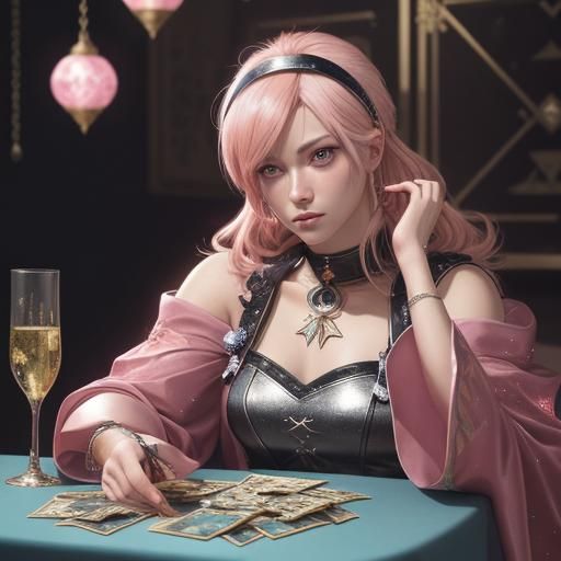 Anime Tarot Reader with Pink Hair and Glitter Headband