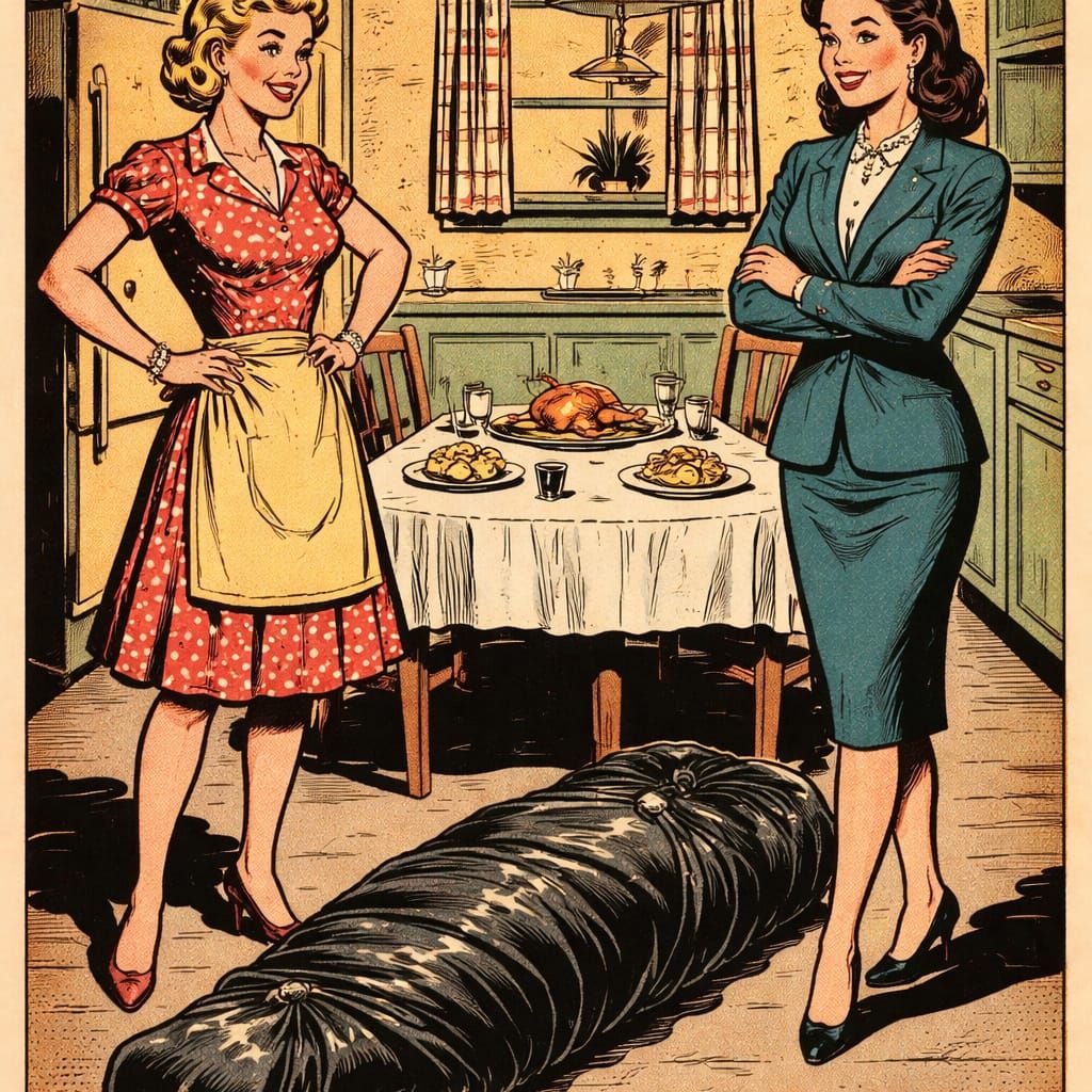 1950s Comic Noir: Housewife and Businesswoman Confront Tarp