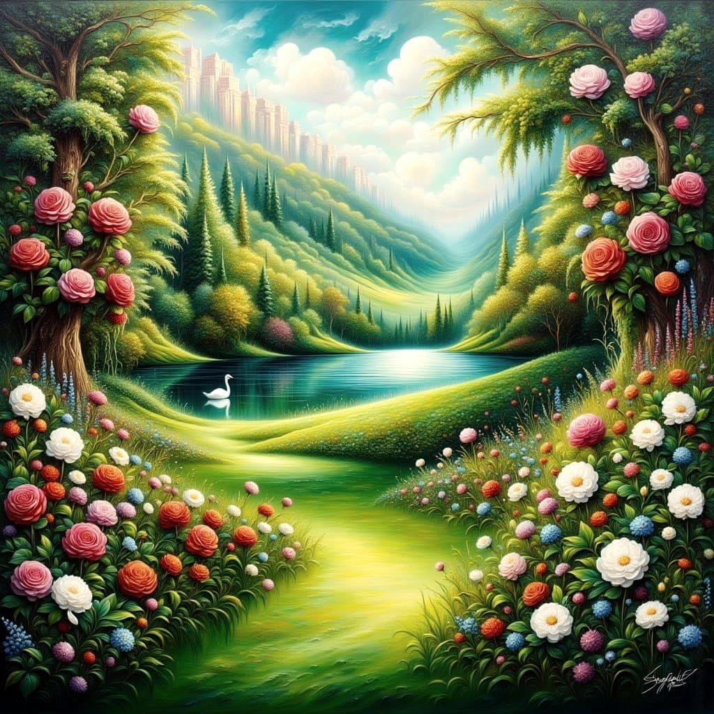 Idyllic Rose Garden Landscape with Shimmering Lake