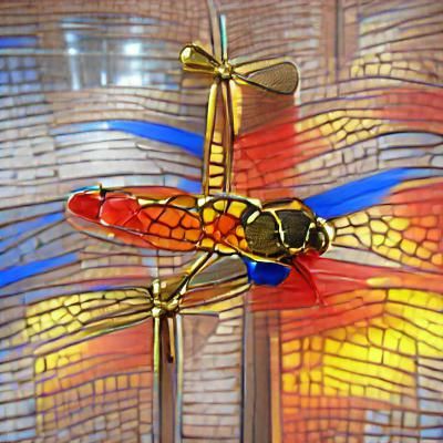Stained Glass Dragonfly Among Colorful Reeds