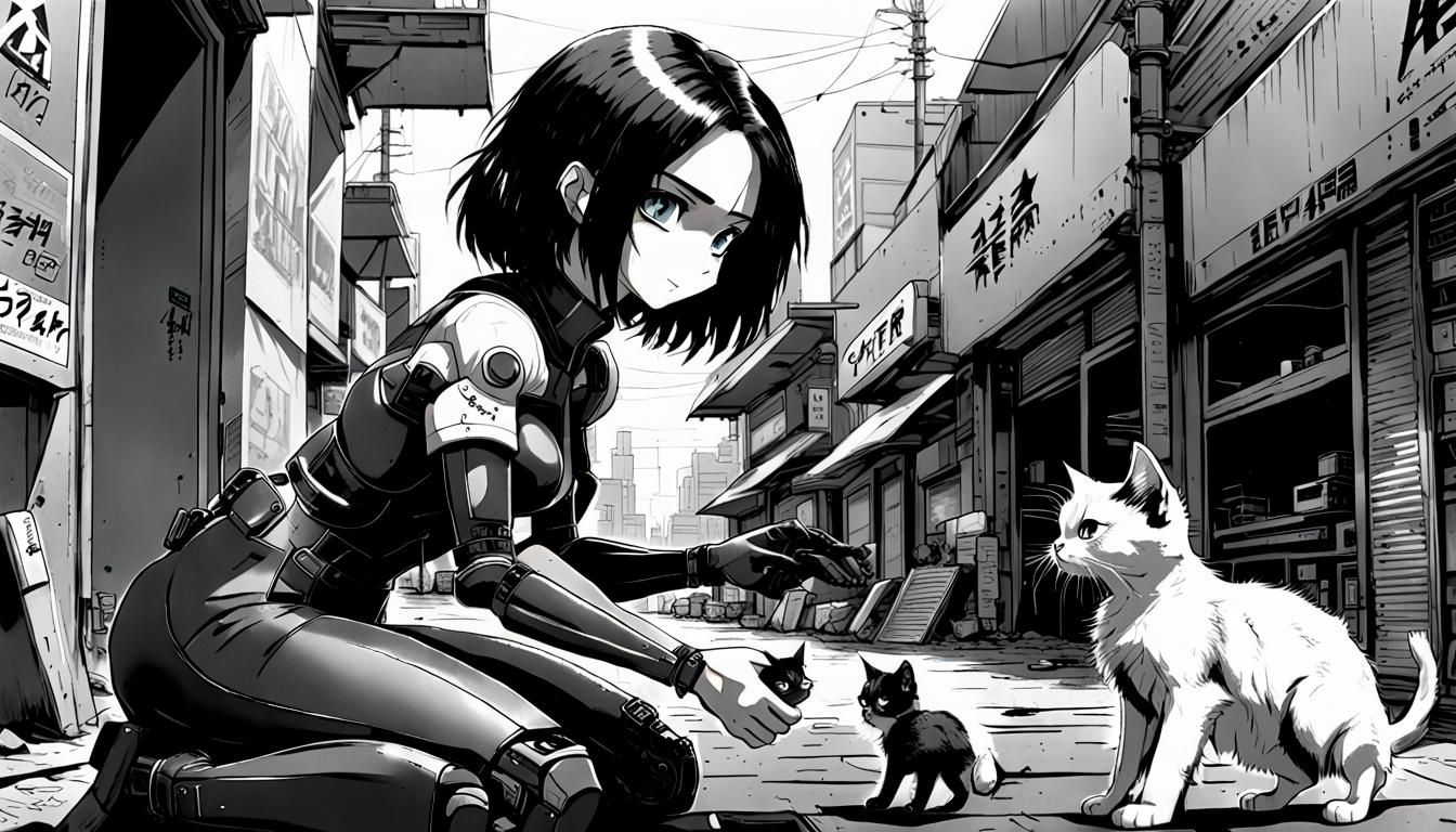 Alita in Monochrome Manga Style Petting a Kitten Outside Cyb...