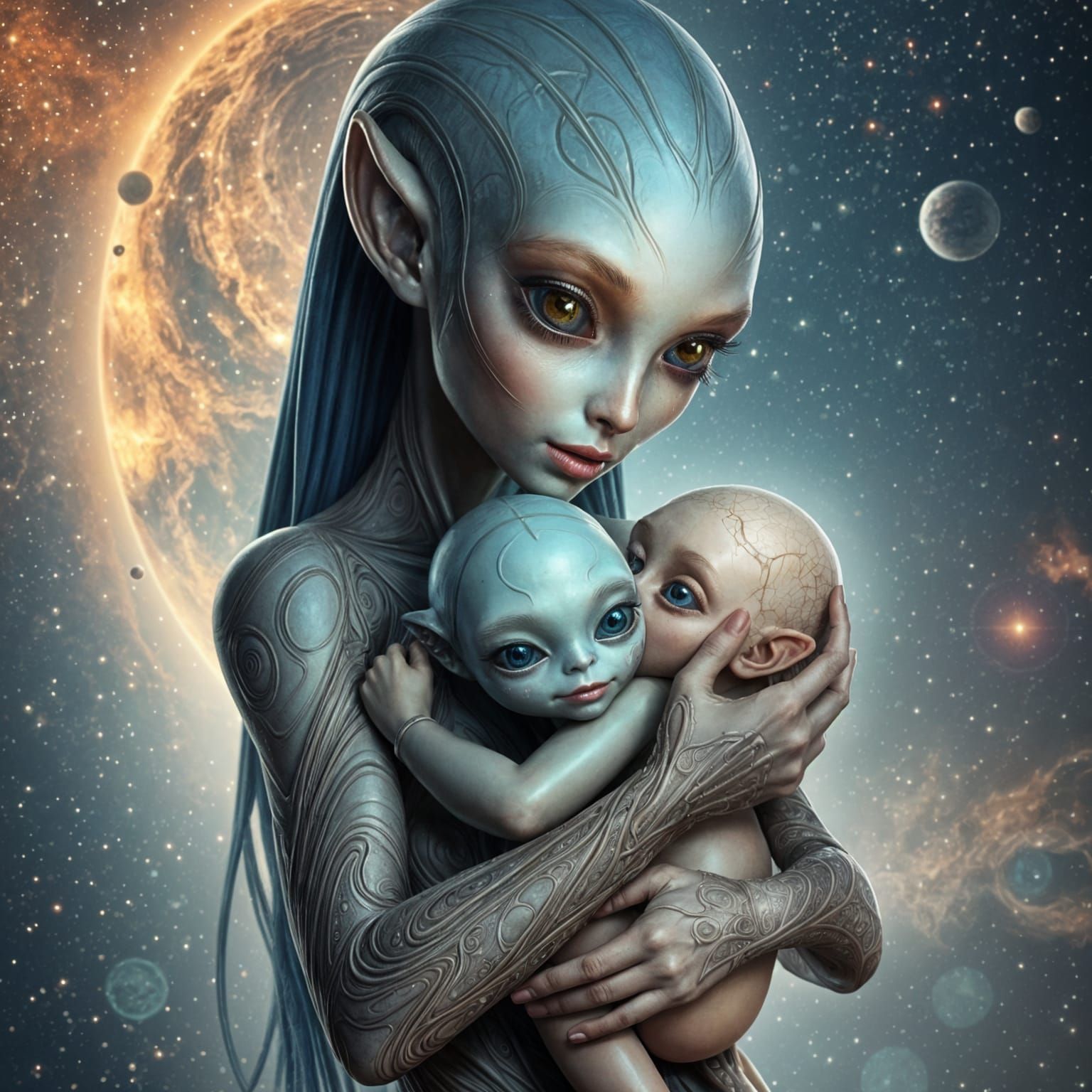 Ethereal Alien Mother Adores Her Young Offspring in Cosmic H...