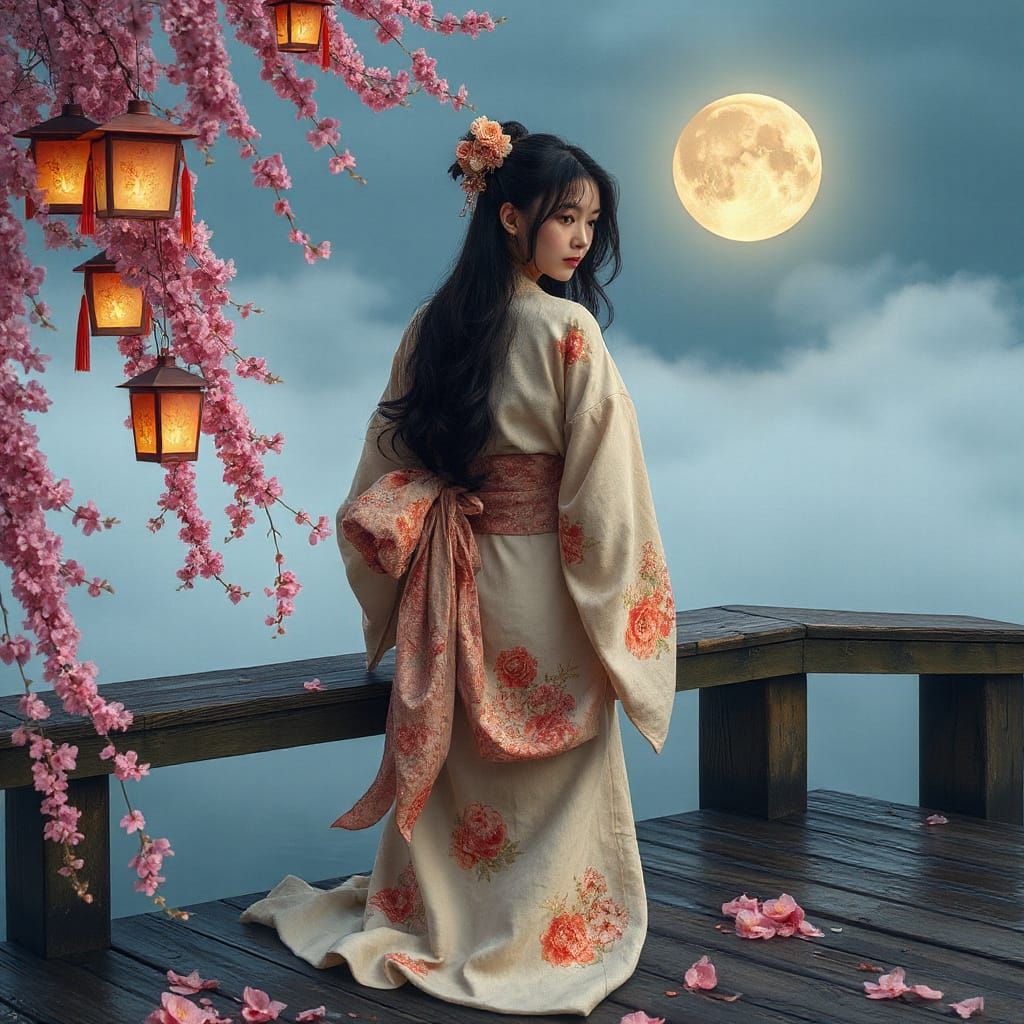 A Woman in a Traditional Kimono Stands on a Wooden Bridge Ov...