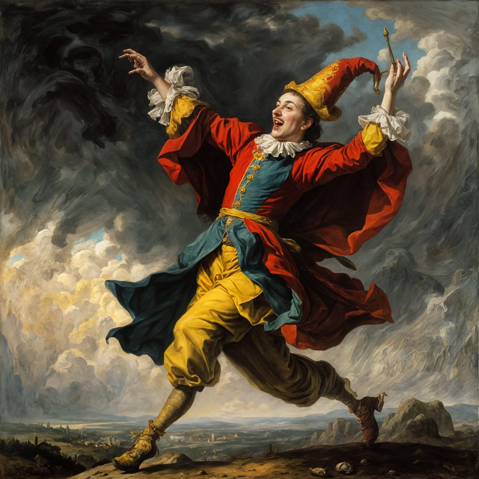 Whimsical Jester Predicts Stormy Weather in a Vibrant, Surre...