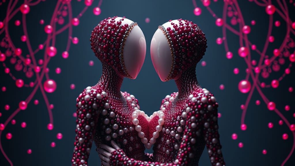 Beaded Figures Embrace: A Hyperrealistic Heartscape