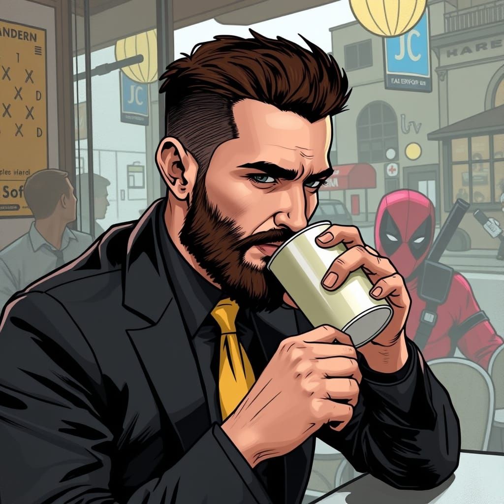 Tunisian Designer and Deadpool at Cafe, Comic Book Art