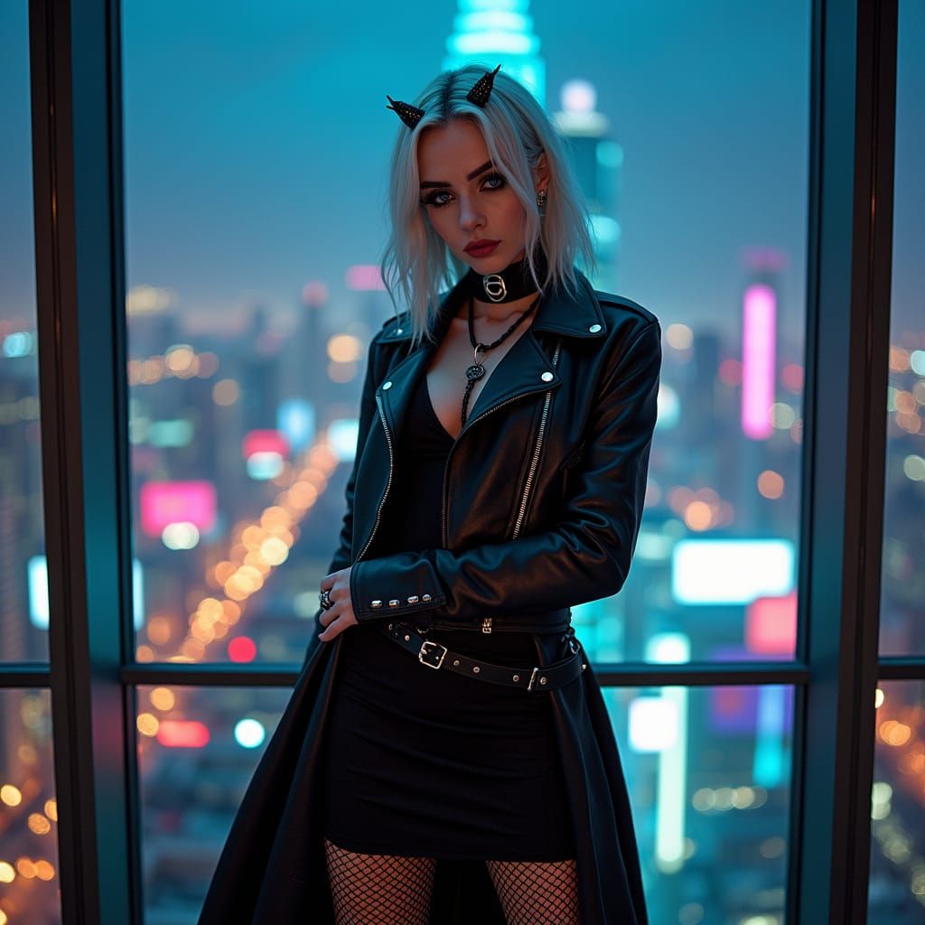 Gothic Girl in Cyberpunk Cityscape
