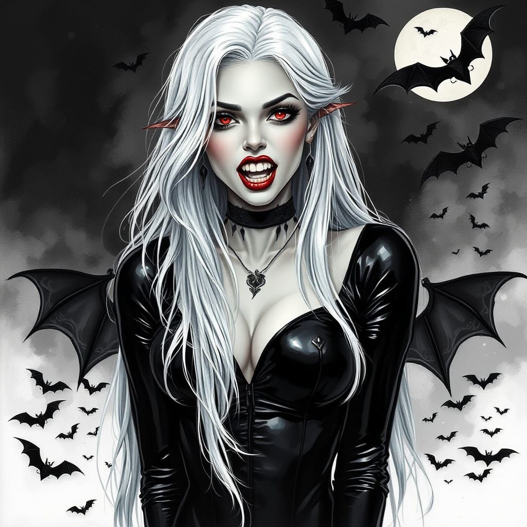 Ethereal Vampire Goddess in Gouache-Inspired Dark Fantasy