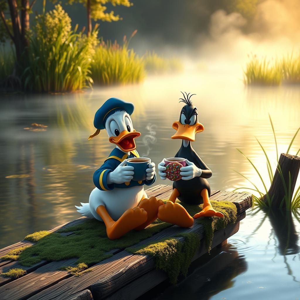 Donald and Daffy Duck Enjoying Coffee in Realistic Wildlife ...