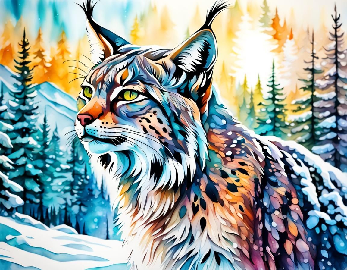 Lynx in Winter Forest, Alcohol Ink Style