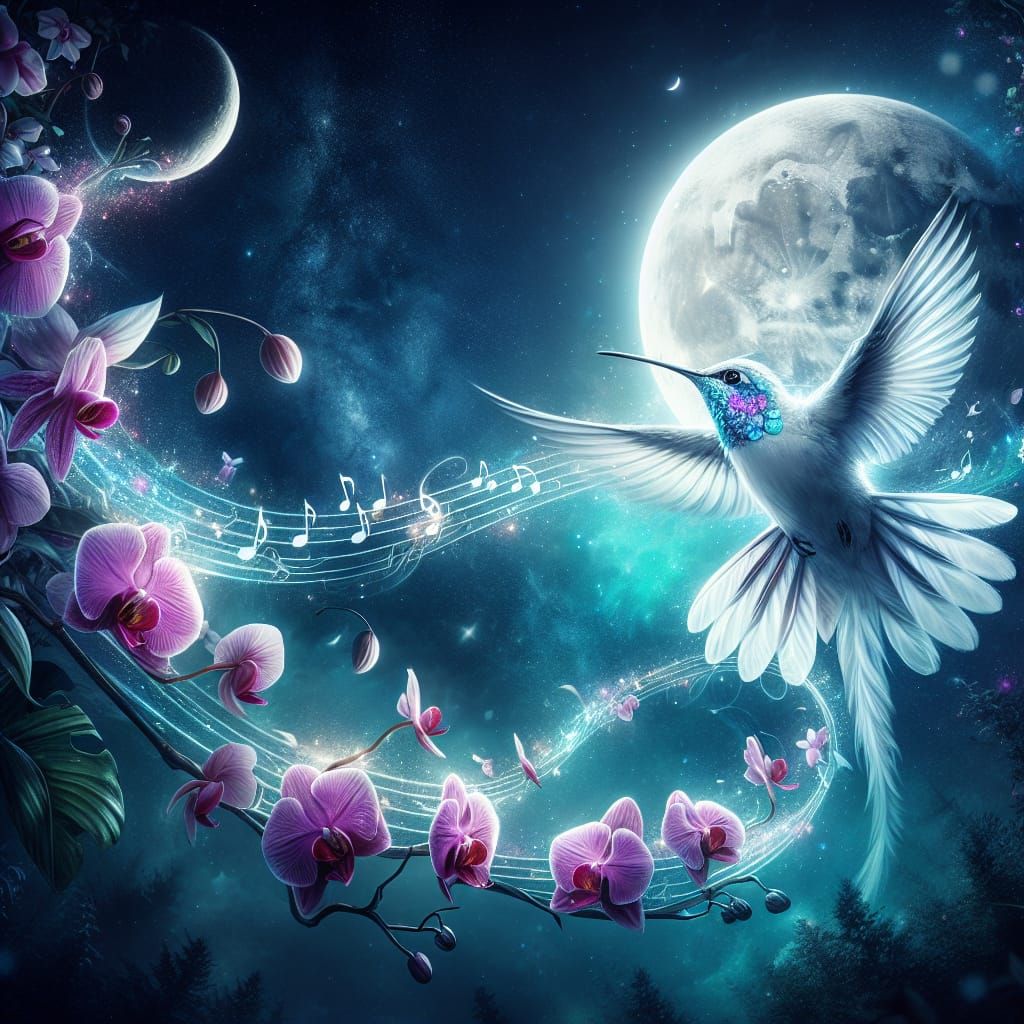 Celestial Hummingbird Dance in Starry Night Sky