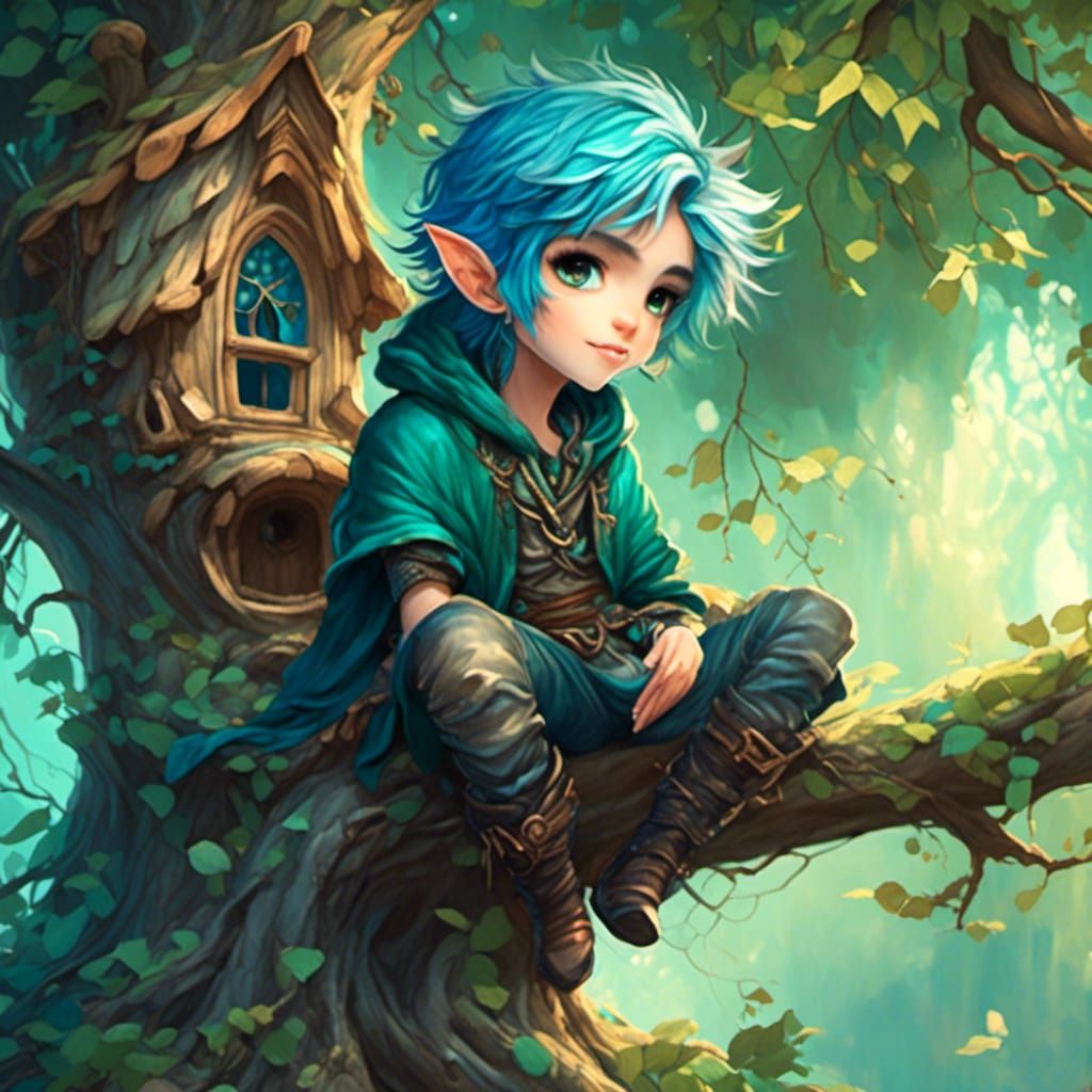 A cute little male fantasy character with teal and blue colored hair is sitting in a tree house on a enchanted tree