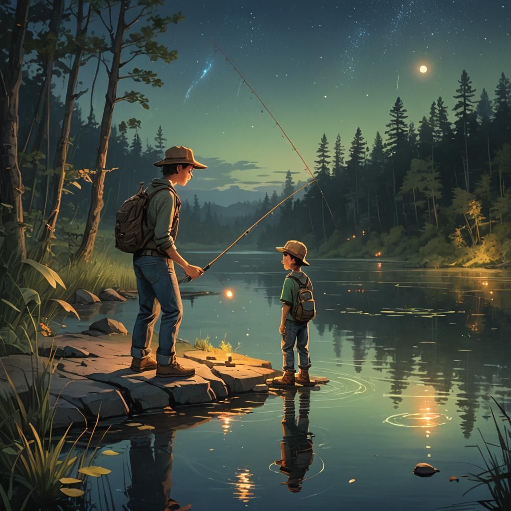 Boy Fishing with Father at Night, Concept Art