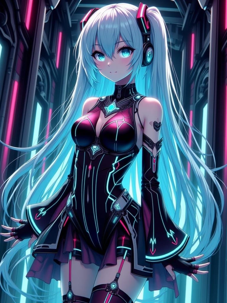 Anime Stylised image of a modern Goth style Hatsune Miku wit...
