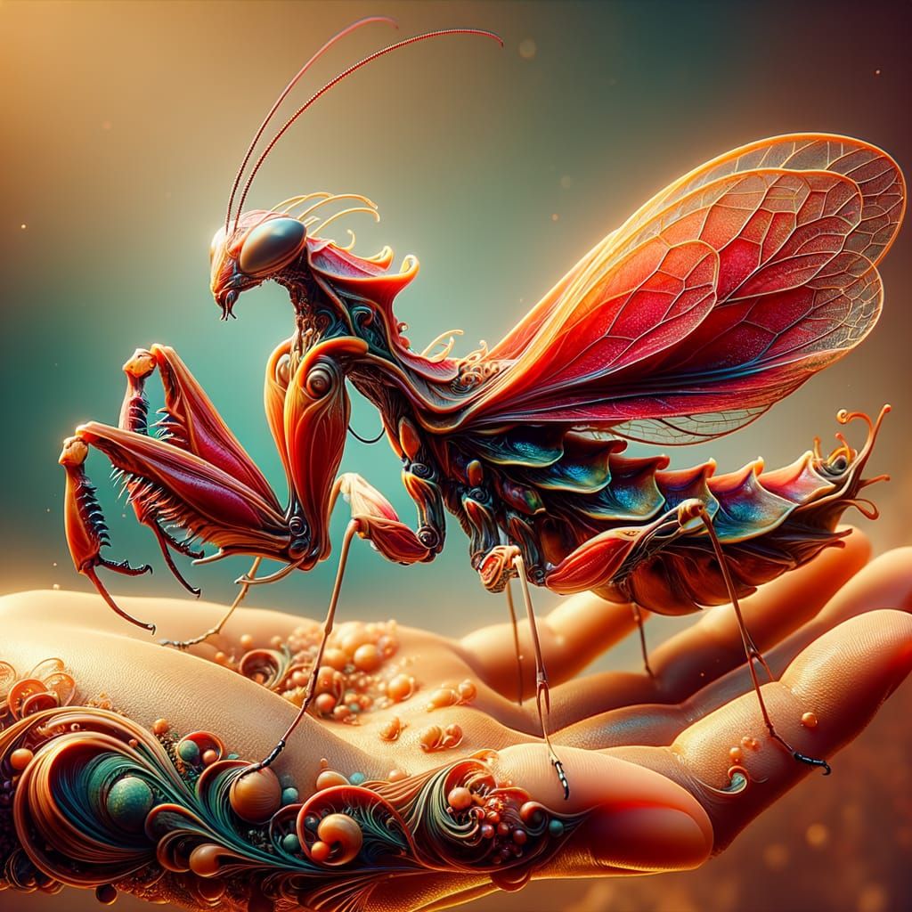 Mantis-Ladybug Hybrid Creature on Human Hand