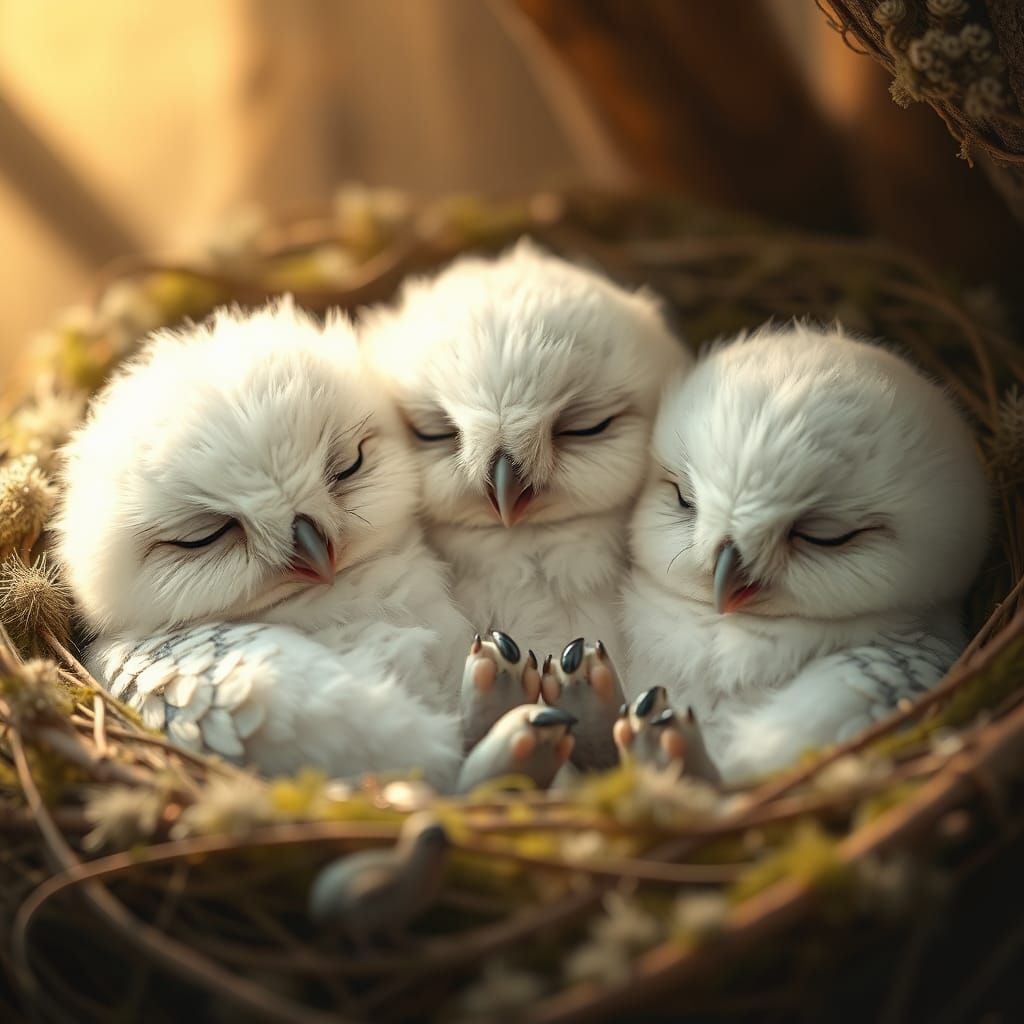 Sleeping Baby Owls in Cozy Nest, Digital Matte Painting