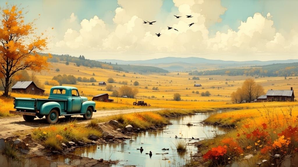 Renaissance Oil Painting of 1950s Farm Landscape