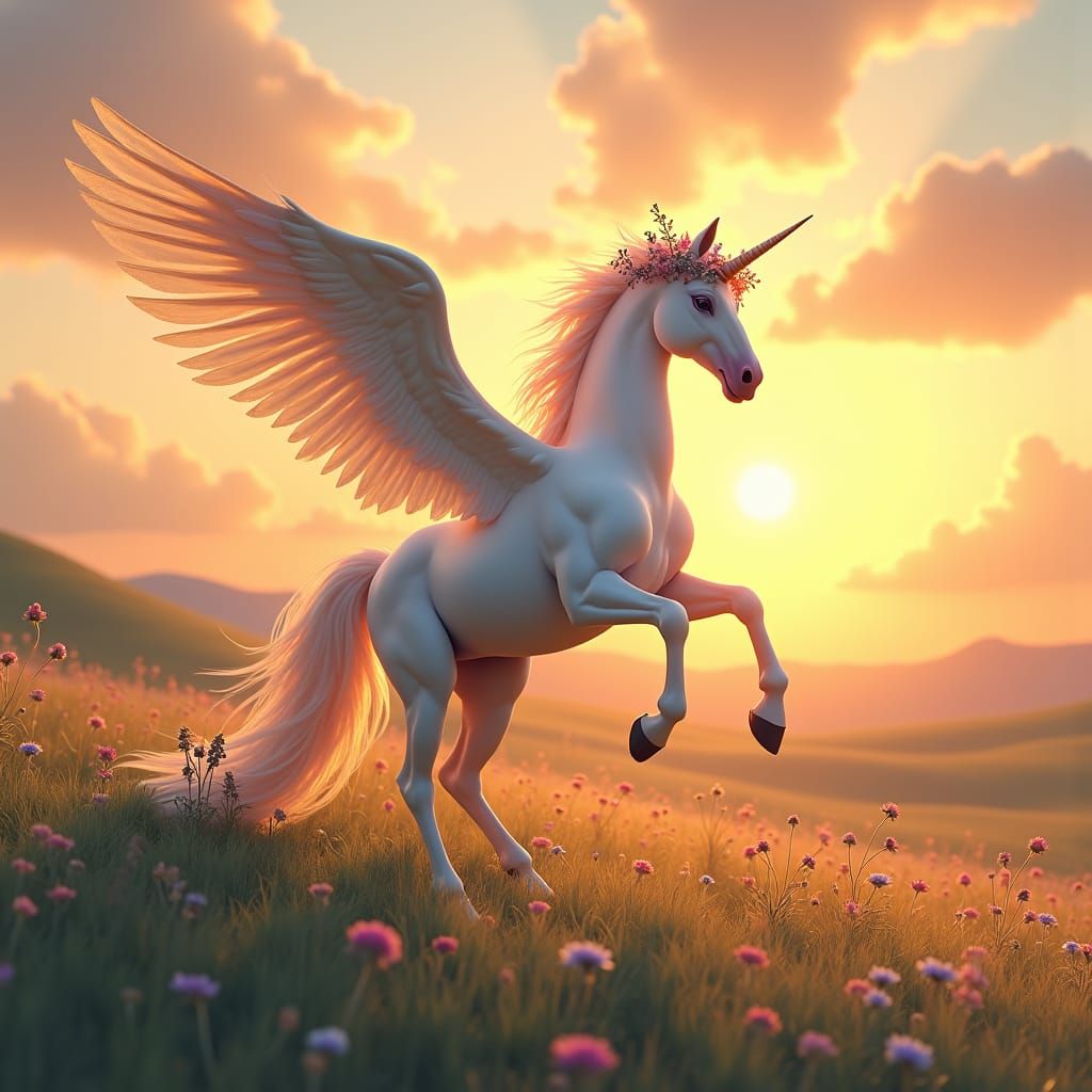 Majestic Pegasus Soaring into Sunset with Golden Wings