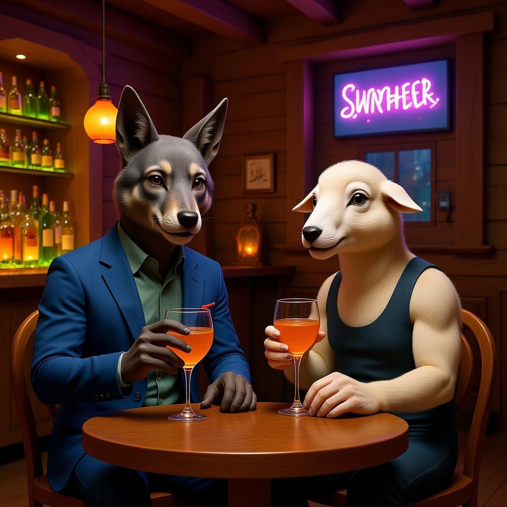 Wolf and Sheep Cocktails in Neon Bar
