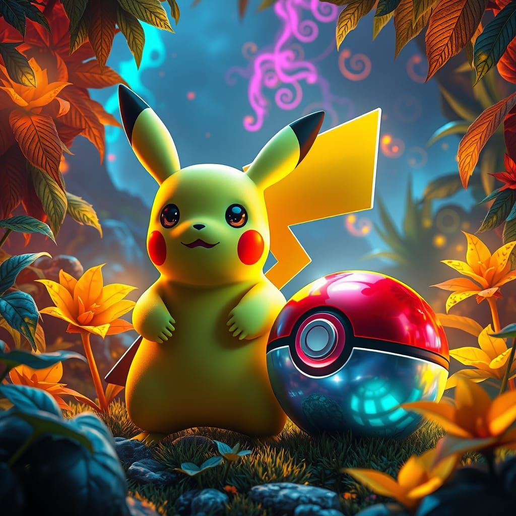 Electric Pikachu Beside a Shimmering Pokeball in a Vibrant, ...