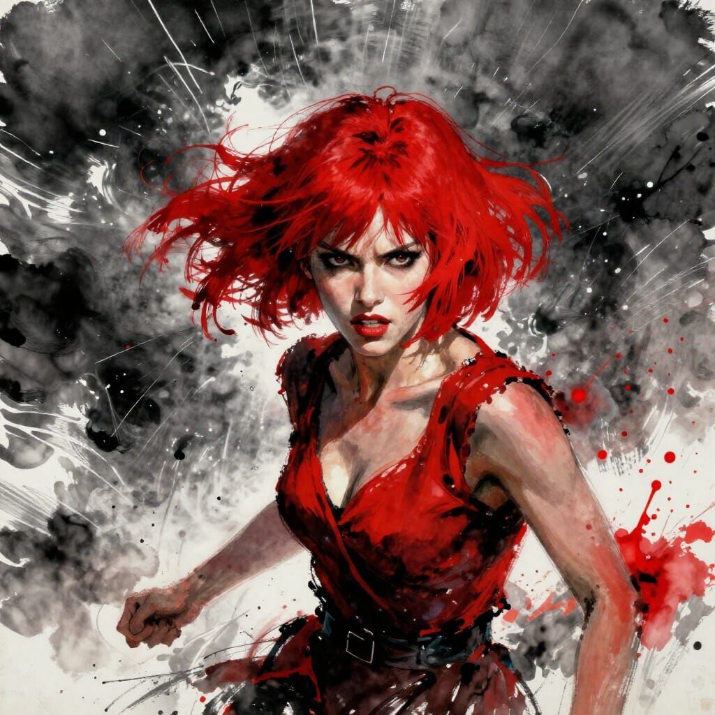 Woman in Crimson Tempest: Expressionist Ink Splashes